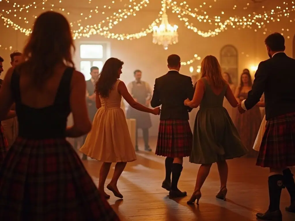 Wedding guests dancing a ceilidh reel