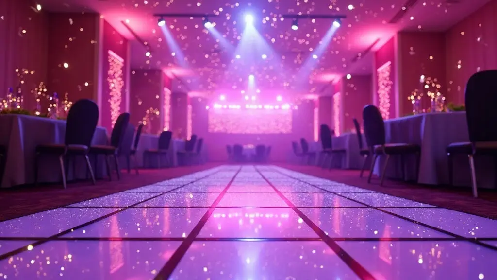 A birthday party dancefloor in magenta and purple light