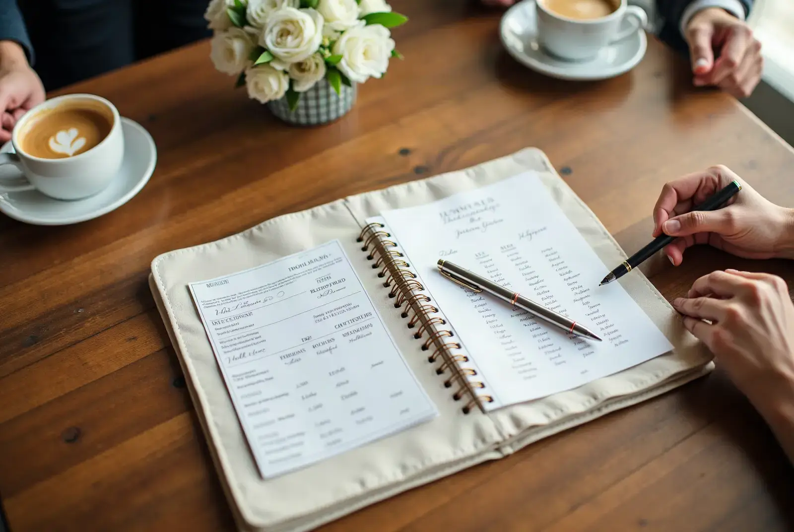 Two coffees and a wedding planner open on a table