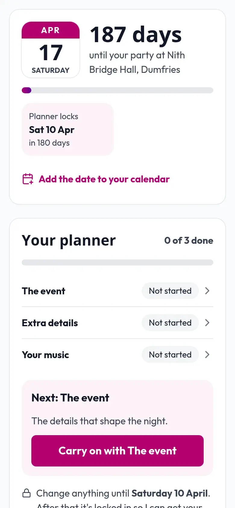 A phone showing a party’s event planner: the countdown to the party and the planner list, ready to start
