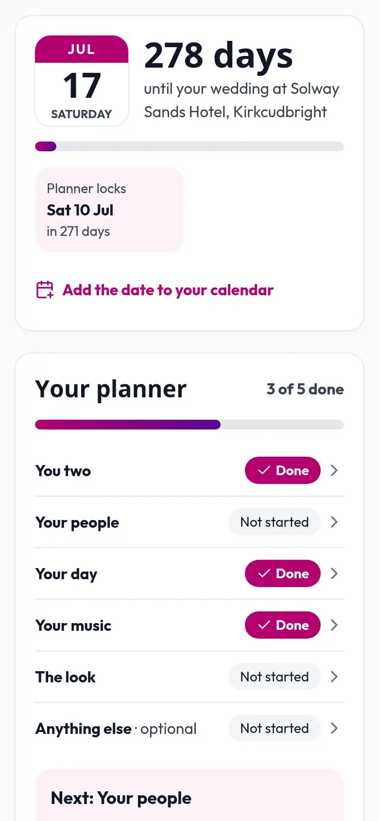 A phone showing a couple’s wedding planner: the countdown to their wedding day and their planner list, with three parts done